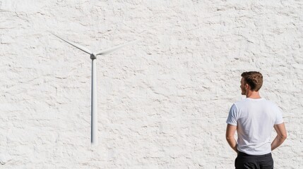 Man Observing Wind Turbine on White Wall in Bright Environment