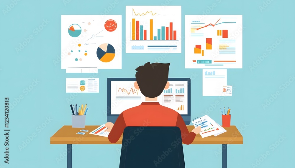 Poster a professional analyzing data on a computer. surrounded by graphs and charts, showcasing the importa