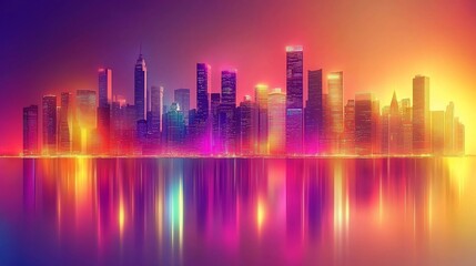 Vibrant City Skyline Reflected In Water At Sunset