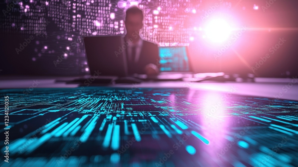 Poster professional workspace with digital data visualization
