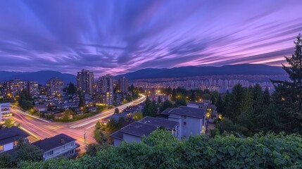 Obraz premium Twilight Cityscape: Burnaby Mountain's Breathtaking Sunset View