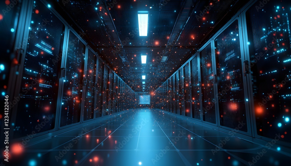 Poster an illuminated corridor of a server room, showcasing rows of computer servers with vibrant lights, r