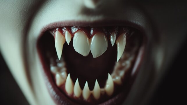 Vampire showing fangs baring teeth close up growling