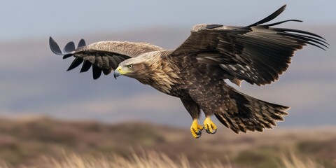 Obraz premium Bald Eagle flying. bird of prey against autumn background, Mountain View sky and tree, yellow grass and forest