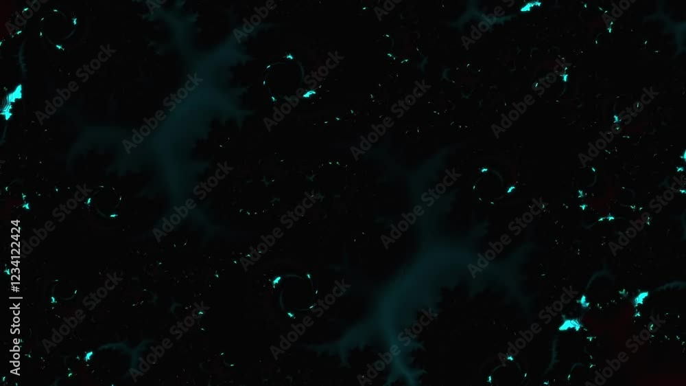 Poster blue glowing neuron flowing on black background. abstract shine texture fractal pattern animation