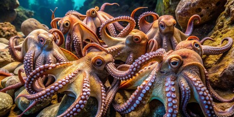 Fototapeta premium Group of Vibrant Octopuses Resting on Rocky Ocean Floor