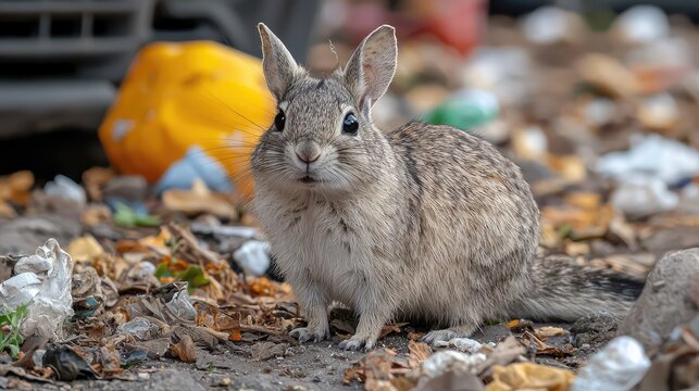 Viscacha Among Garbage in Urban Environment Captured with Wide Angle Lens