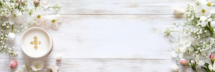 Elegant first communion design with floral decorations on rustic wood background. Template with cross and white flowers. Copy space. For wedding, baptism