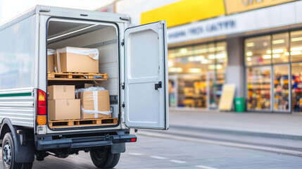 Delivery truck parked at store entrance with packages, blurred background.