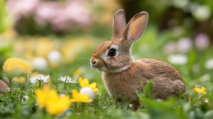 Fototapeta premium Celebrating world biological diversity day with nature and wildlife. Horizontal banner. Copy space. World Wildlife Day. Cute rabbit on a nature background