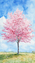 Naklejka premium 満開の一本桜と青空｜春の公園で咲き誇る桜の木