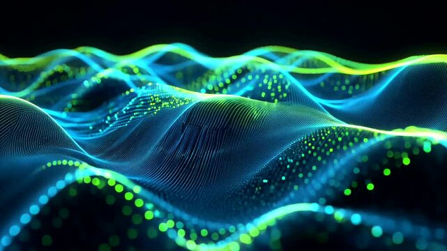 Glowing data waves flow, digital landscape, abstract background, tech concept