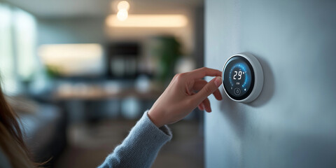 Close-up of a woman's hand turning down a digital temperature control on a wall in her home, setting low settings for the winter cold season to fill the indoor space with energy-ef