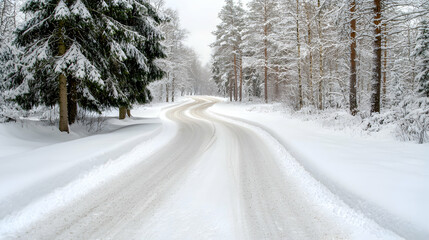 Obraz premium Winding snowy road through winter forest