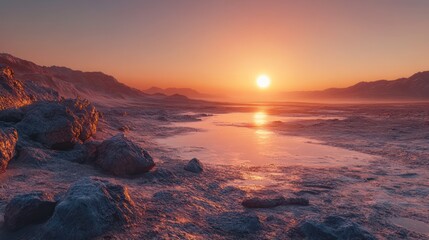 Naklejka premium Sunset over a serene lake and rocky landscape, a picturesque scene of vibrant colors and tranquil atmosphere.