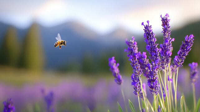 bee hovering near vibrant lavender flowers in serene landscape