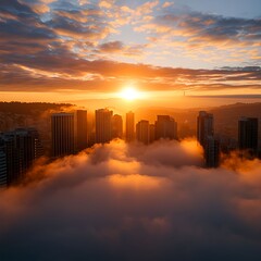 Fototapeta premium Cityscape Sunset with Fog and Golden Light