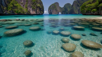Fototapeta premium A tropical paradise scene of Maya Bay, Thailand, with crystal-clear water and towering limestone cliffs. 
