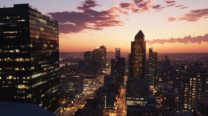 Fototapeta premium City skyline at dusk with glowing skyscrapers reflecting on a calm river, urban glowtime, serene and modern