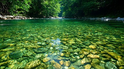 Naklejka premium Clear River with Green Rocks and Sunlight