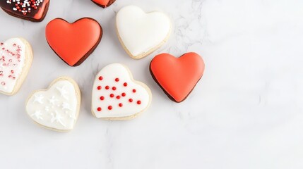 Obraz premium Heart shaped cookies arranged neatly on a marble surface for a sweet treat display