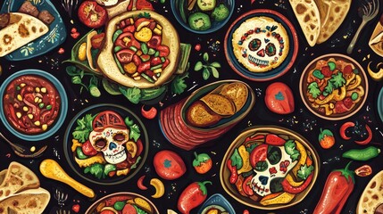 A seamless design featuring traditional Mexican food, sugar skulls, and colorful papel picado.