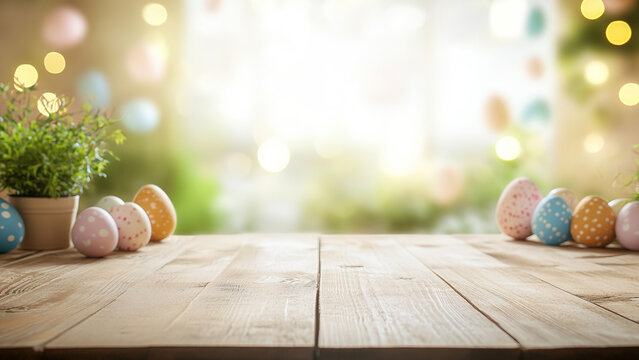 easter eggs framing a wooden table with a bokeh background