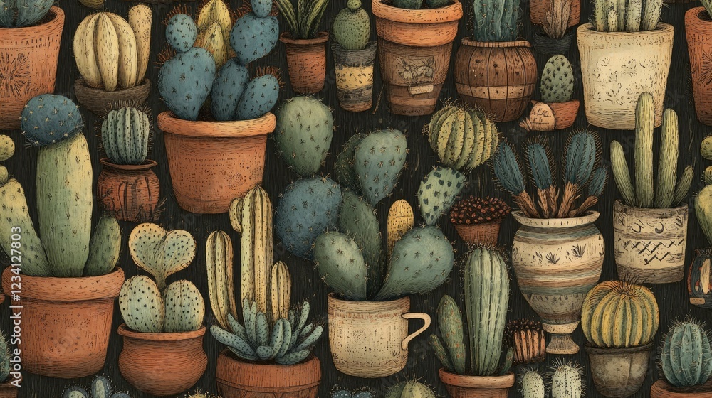 Poster a seamless pattern of hand-drawn cacti in various pots, with earthy tones and a rustic style.