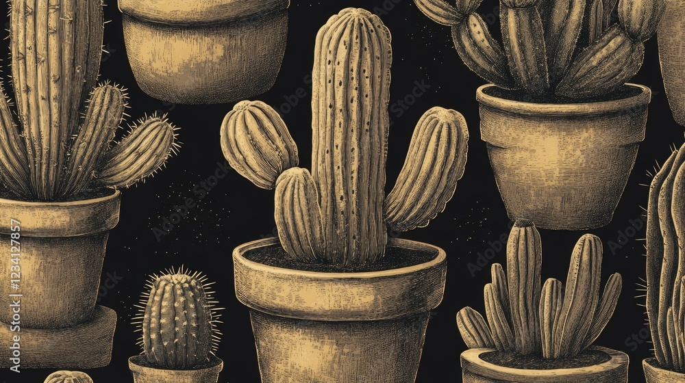 Poster a seamless pattern of hand-drawn cacti in various pots, with earthy tones and a rustic style.