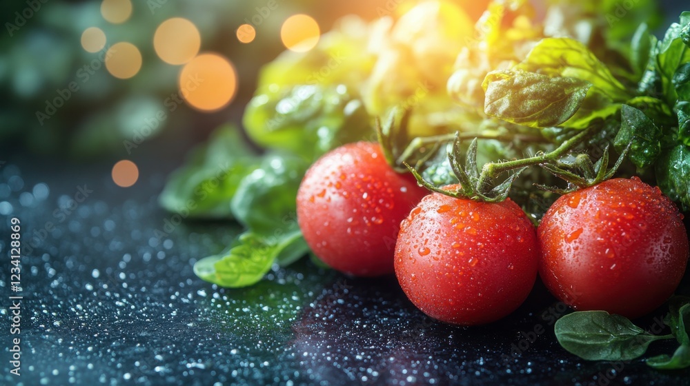 Poster fresh tomatoes and spinach on a dark surface with water droplets and soft bokeh lighting