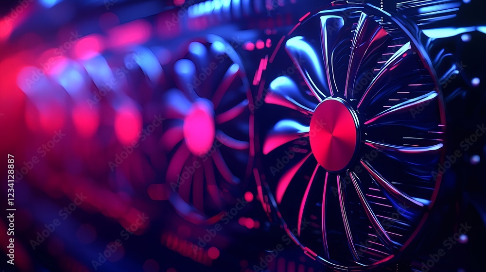 Poster close up of a glowing computer cooling fan with red and