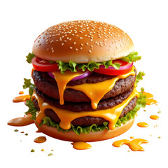 3d model, octane render volumetric, highly detailed video game, A large, stacked hamburger featuring a sesame seed bun, two beef patties, melted cheddar cheese transparent background top view