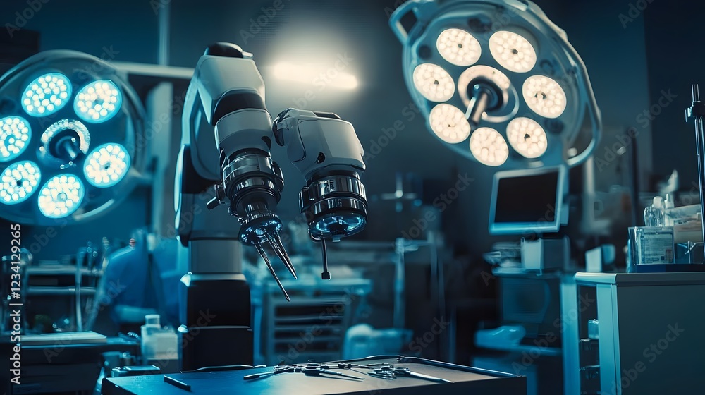 Poster doctor in an operation theatre skillfully using a robotic surgical system with precision tools and a