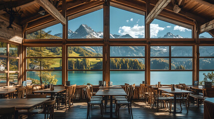 Fototapeta premium cafe with wooden beams and large glass windows offering a stunning view of a peaceful mountain lake 