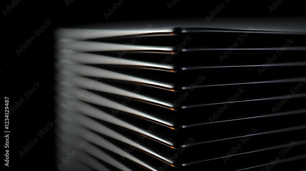 Poster close up of a stack of shiny black metal objects with