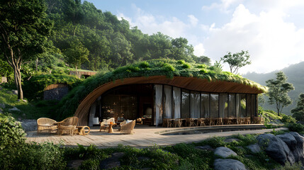 Fototapeta premium cafe with an eco-friendly design, featuring bamboo furniture and a lush green roof blending into nature 