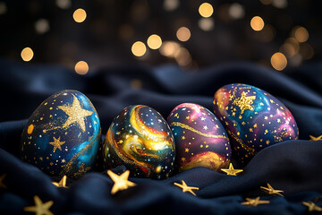 vibrant Easter eggs painted in a mesmerizing galaxy theme, featuring intricate details of swirling nebulae, golden stars, and shimmering glitter, set against a soft-focus backdrop  