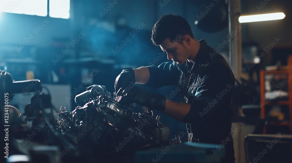 Poster mechanic working on an engine inside a workshop during the afternoon dark light