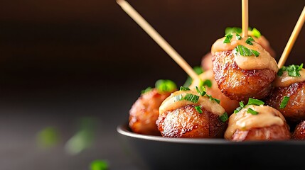 Close Up of Brown Meatballs in Dark Bowl with Creamy Sauce