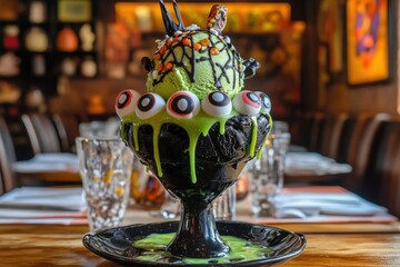 Spooky Halloween Ice Cream Sundae with Candy Eyeballs and Slime
