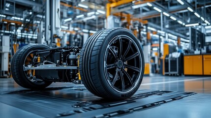 Fototapeta premium Close up of an electric vehicle s chassis and wheels on a factory floor