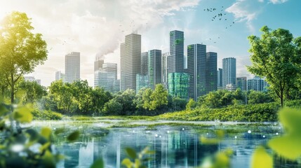 Fototapeta premium Vibrant City Skyline with Green Spaces and Water Management Features