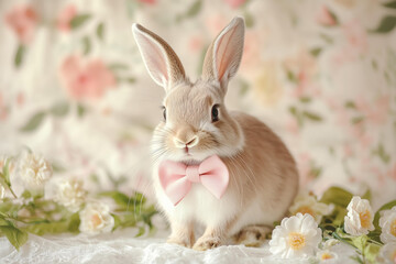 Obraz premium charming rabbit wearing a soft pink bow tie, surrounded by a delicate floral pattern with pastel-colored flowers and greenery on a cream background 