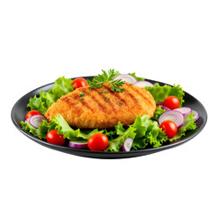 A breaded and fried chicken breast served on a black plate with a fresh green salad , cherry tomatoes , and red onion slices on plate and transparent background