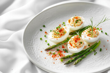 gourmet deviled eggs creatively styled with asparagus tips, crumbled bacon, blue cheese, fresh chives, and a dusting of smoked paprika, placed on a textured white plate with a soft white fabric 