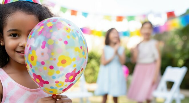 African child holding colorful balloon at outdoor birthday party celebration - Powered by Adobe