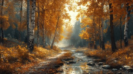 Obraz premium Autumnal Stream: Golden Birch Forest Path