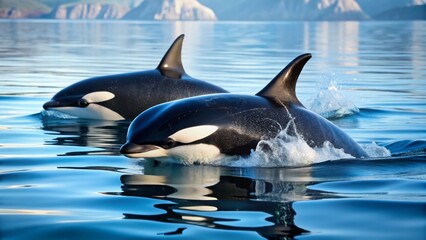 Fototapeta premium Two Orcas Swimming Gracefully in Calm Ocean Waters with Mountains