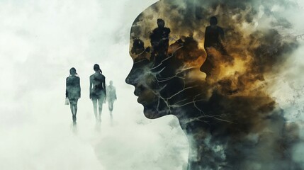 Fototapeta premium Depicting Dissociative Identity Disorder with Fragmented and Overlapping Personality States. Several faces blend and showing mental disorders. Dissociative Identity Disorder. Future mental problem