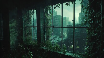 Fototapeta premium Room featuring a window and vines climbing up the wall